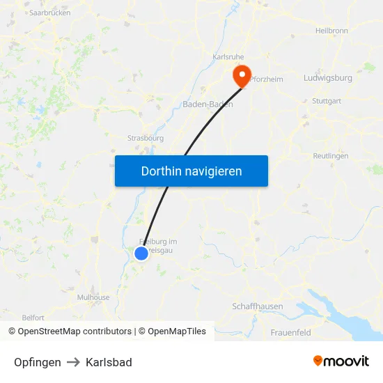 Opfingen to Karlsbad map