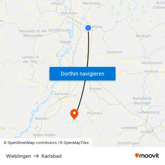 Wieblingen to Karlsbad map