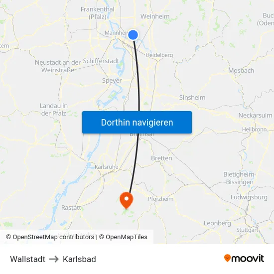 Wallstadt to Karlsbad map