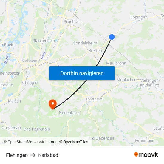 Flehingen to Karlsbad map