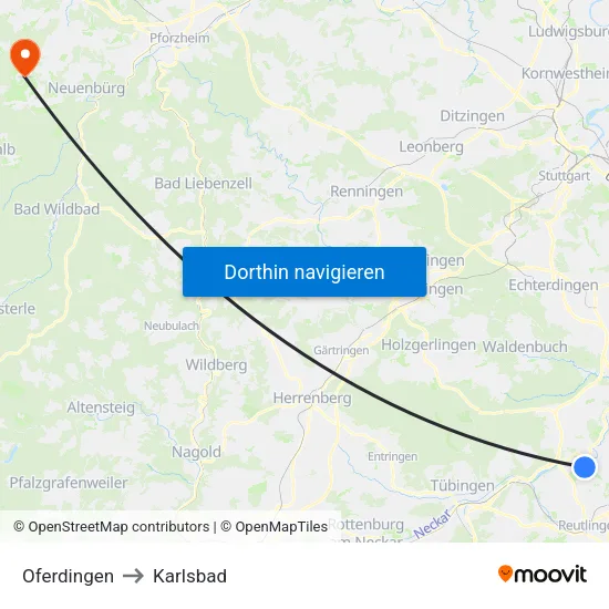 Oferdingen to Karlsbad map