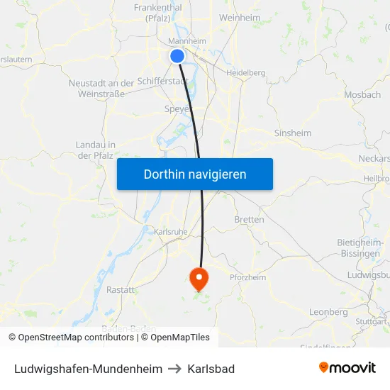 Ludwigshafen-Mundenheim to Karlsbad map