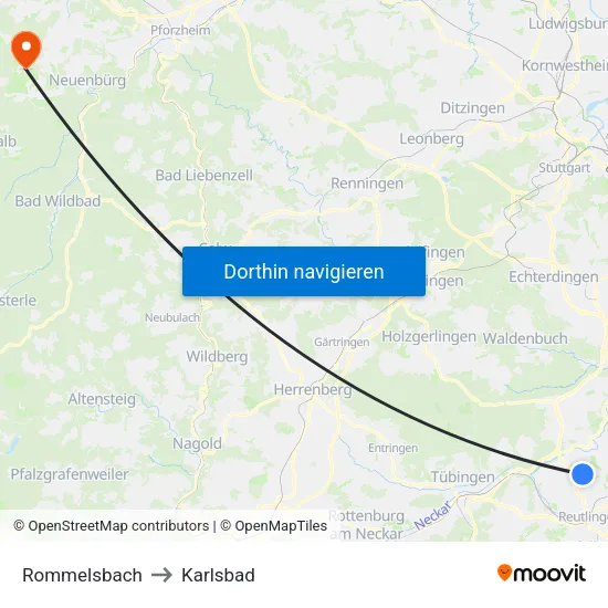 Rommelsbach to Karlsbad map