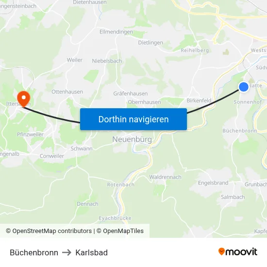 Büchenbronn to Karlsbad map