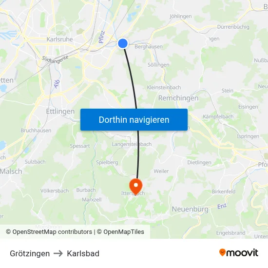 Grötzingen to Karlsbad map