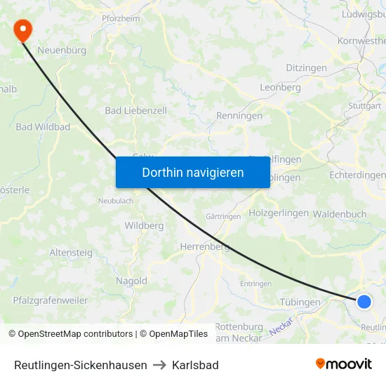 Reutlingen-Sickenhausen to Karlsbad map