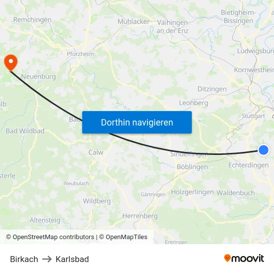 Birkach to Karlsbad map