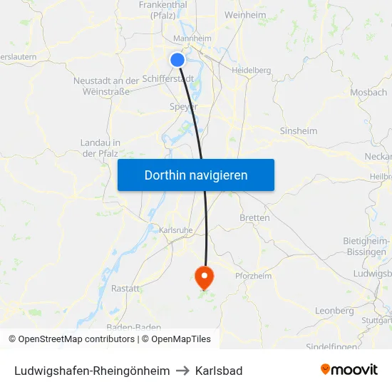 Ludwigshafen-Rheingönheim to Karlsbad map