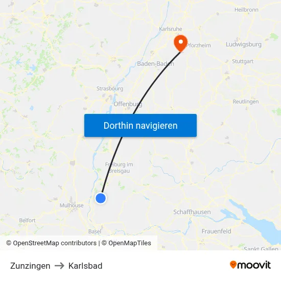 Zunzingen to Karlsbad map