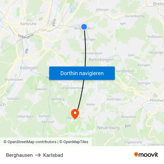 Berghausen to Karlsbad map