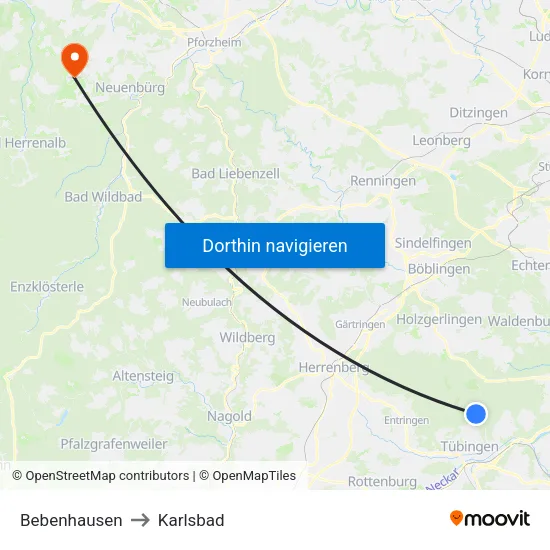 Bebenhausen to Karlsbad map