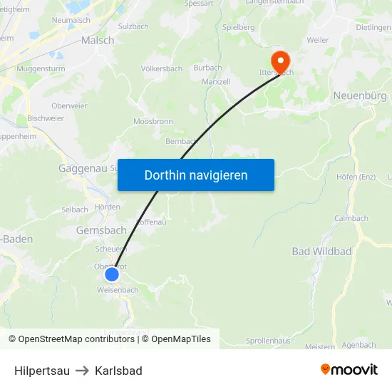Hilpertsau to Karlsbad map