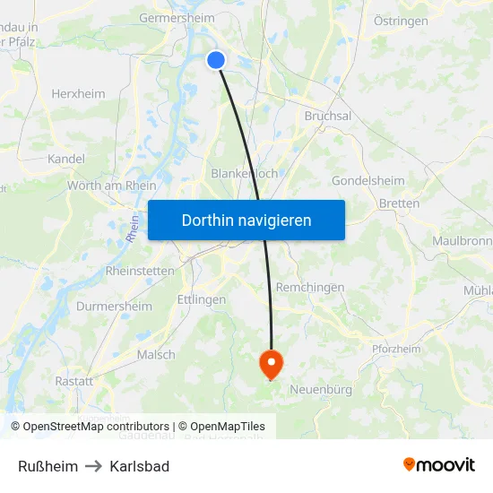Rußheim to Karlsbad map