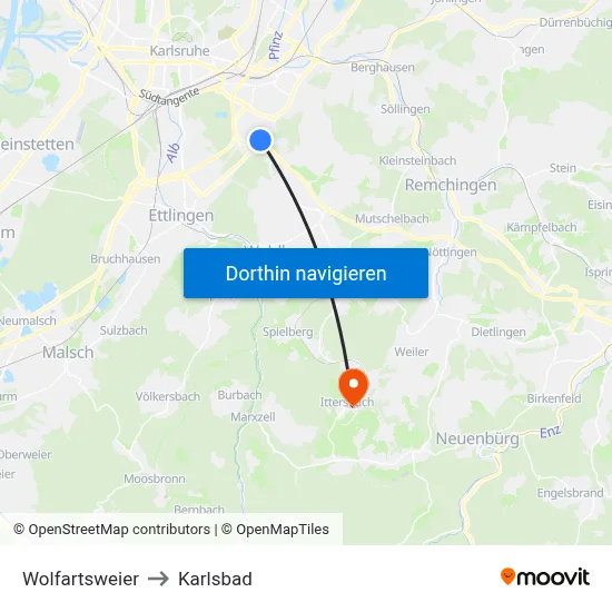 Wolfartsweier to Karlsbad map