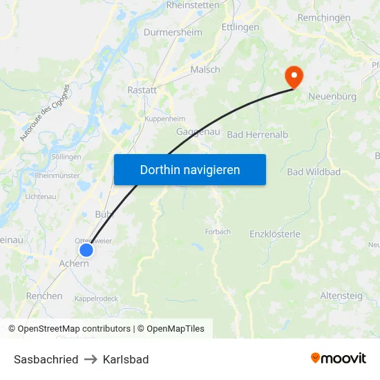 Sasbachried to Karlsbad map