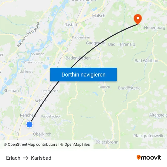 Erlach to Karlsbad map