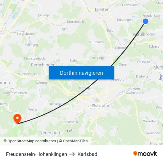 Freudenstein-Hohenklingen to Karlsbad map