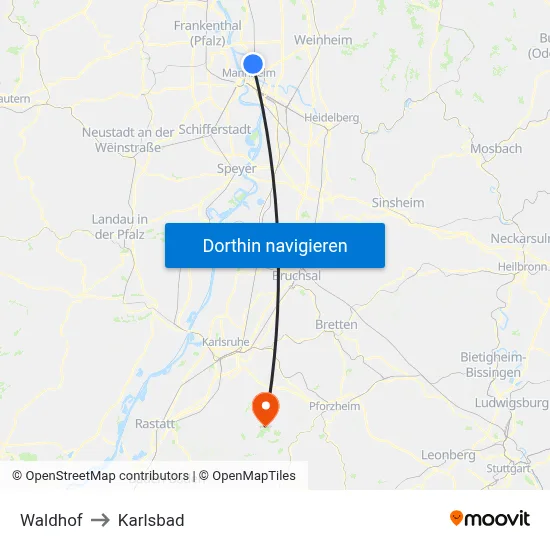 Waldhof to Karlsbad map