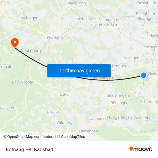 Botnang to Karlsbad map