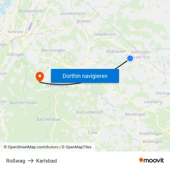 Roßwag to Karlsbad map