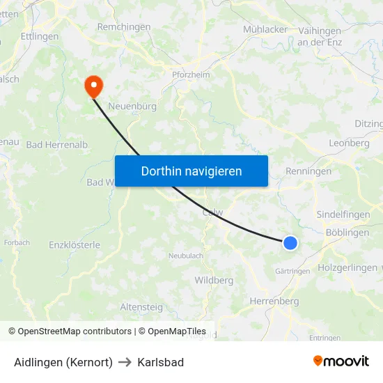 Aidlingen (Kernort) to Karlsbad map