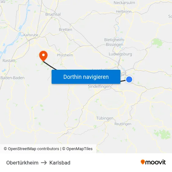 Obertürkheim to Karlsbad map