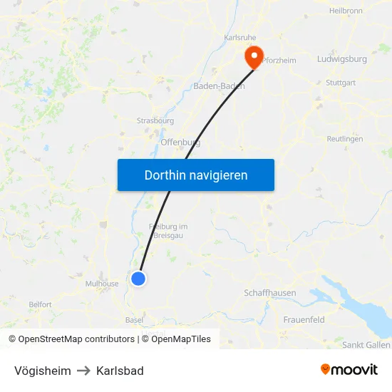Vögisheim to Karlsbad map