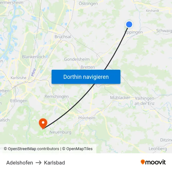 Adelshofen to Karlsbad map