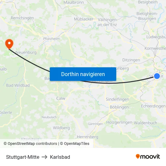 Stuttgart-Mitte to Karlsbad map