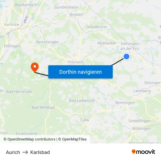 Aurich to Karlsbad map