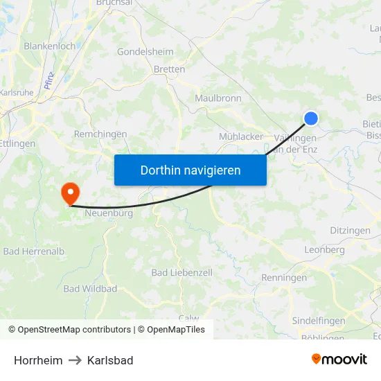 Horrheim to Karlsbad map