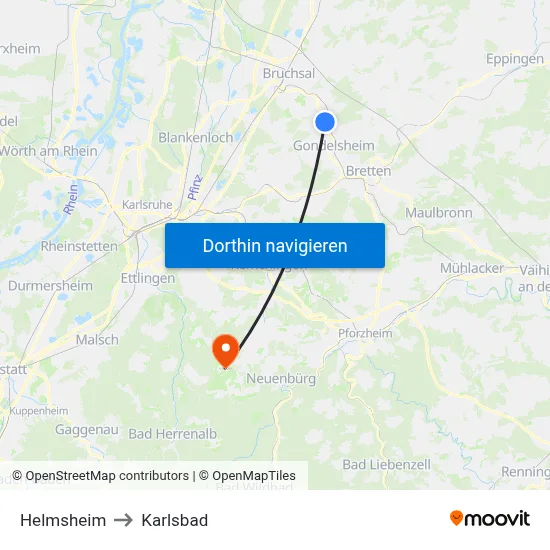 Helmsheim to Karlsbad map