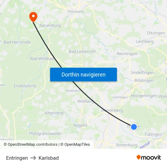 Entringen to Karlsbad map