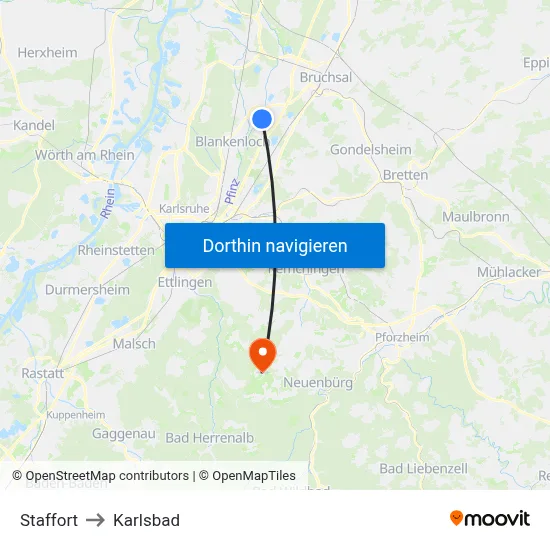 Staffort to Karlsbad map
