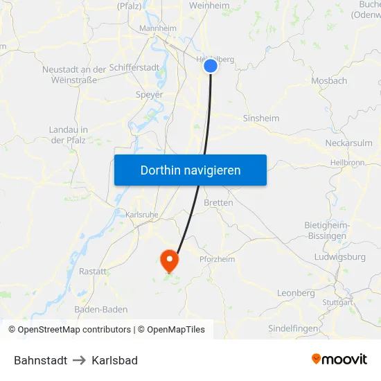 Bahnstadt to Karlsbad map