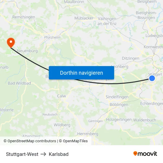 Stuttgart-West to Karlsbad map