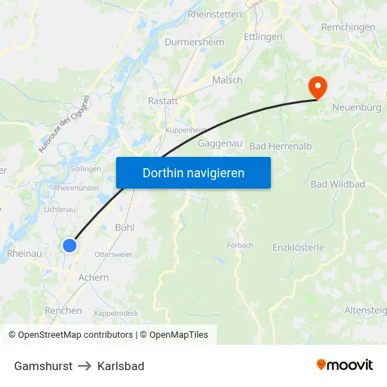 Gamshurst to Karlsbad map