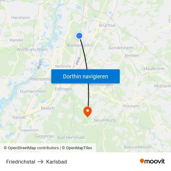 Friedrichstal to Karlsbad map