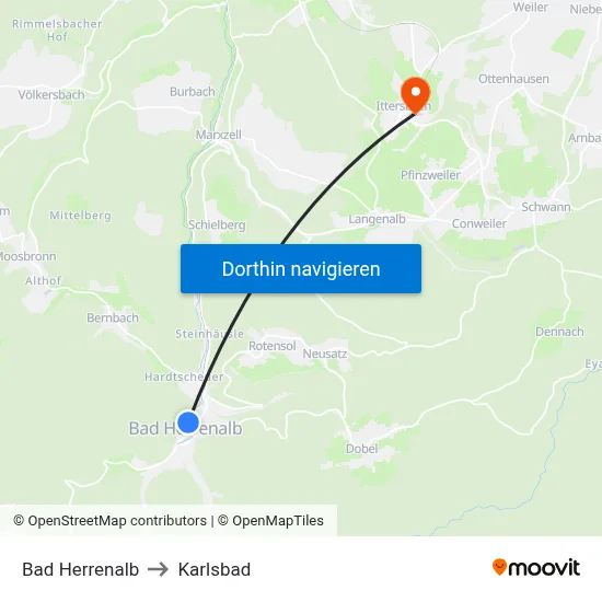 Bad Herrenalb to Karlsbad map