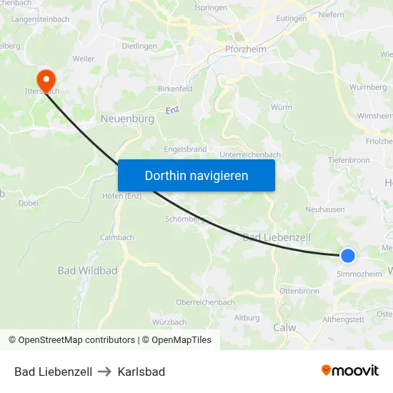Bad Liebenzell to Karlsbad map