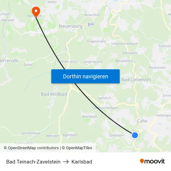 Bad Teinach-Zavelstein to Karlsbad map