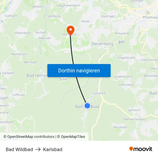 Bad Wildbad to Karlsbad map