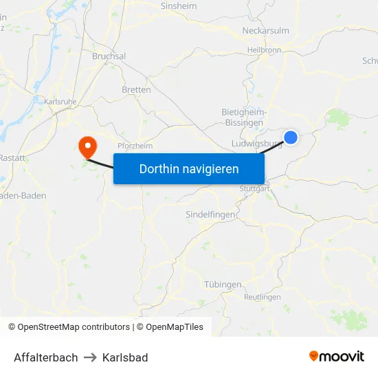 Affalterbach to Karlsbad map
