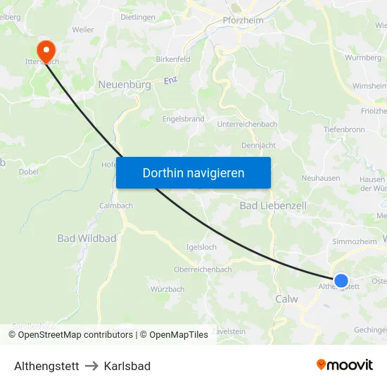 Althengstett to Karlsbad map