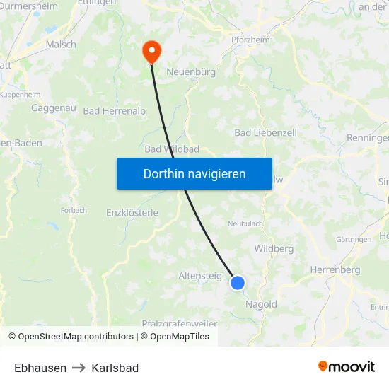 Ebhausen to Karlsbad map