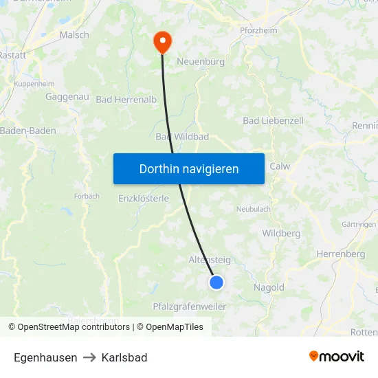 Egenhausen to Karlsbad map