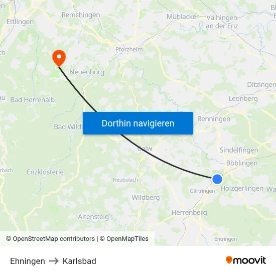 Ehningen to Karlsbad map