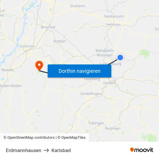 Erdmannhausen to Karlsbad map
