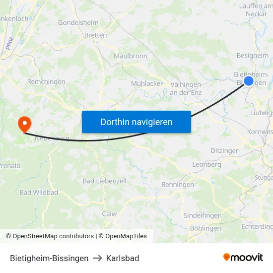 Bietigheim-Bissingen to Karlsbad map