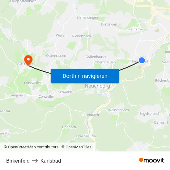 Birkenfeld to Karlsbad map